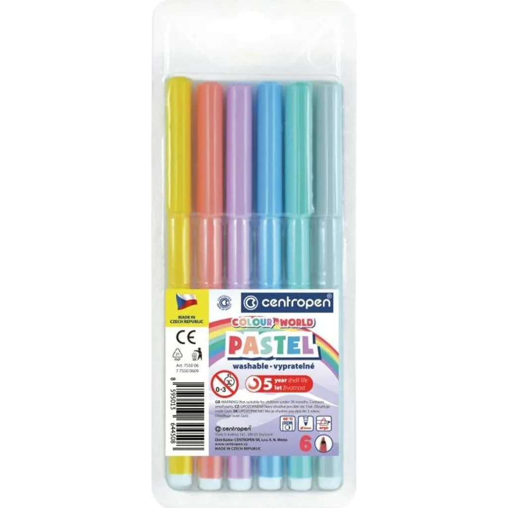 Centropen 7550 – Auswaschbare Marker im Pastell-Mix, 6er-Set